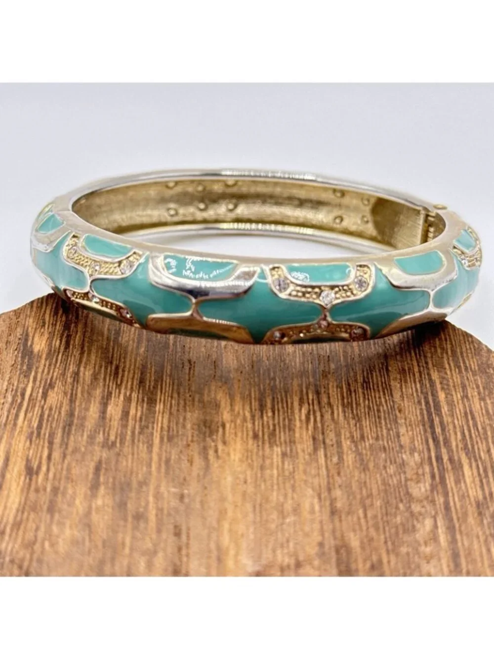 Teal Green Bangle Bracelet Gold Tone Rhinestones Enamel Hinged Clamper 7